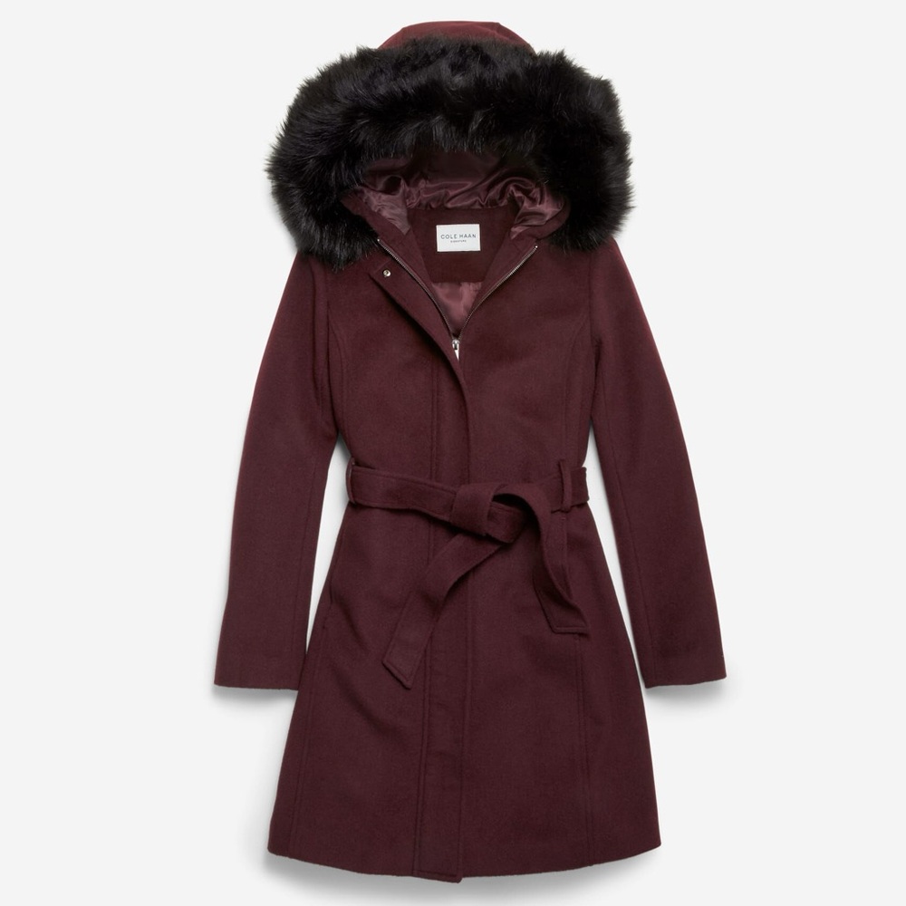 NWT Cole Haan Maroon Trench Coat with Black Faux Fur